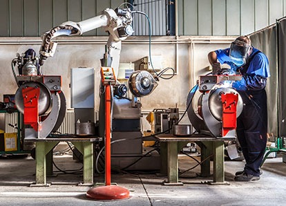 Industriemontage. Schweißarbeiten in Werkhalle